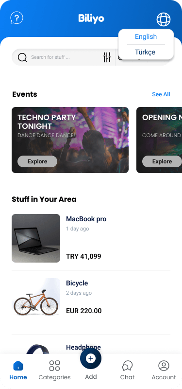 Biliyo marketplace home screen