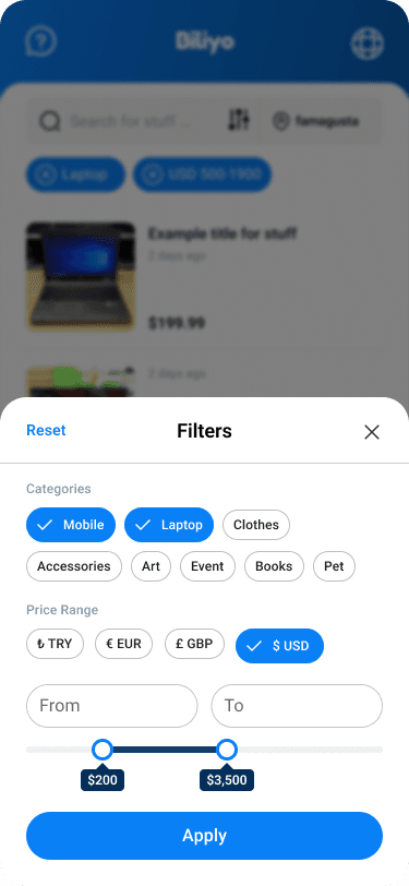 Biliyo filter menu